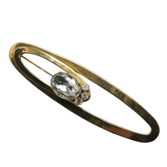Clear Rhinestone Crystal Oval Bar Brooch Pin Gold Tone Vintage - Picture 2 of 5